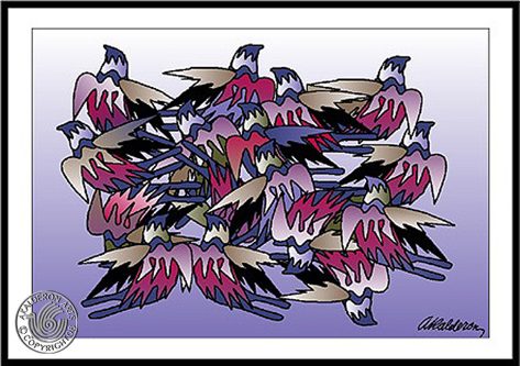 Print 'Birds Storm': a dense cluster of stylised swooping birds in pink, purple and grey tones overlapping against a pale lavender background.