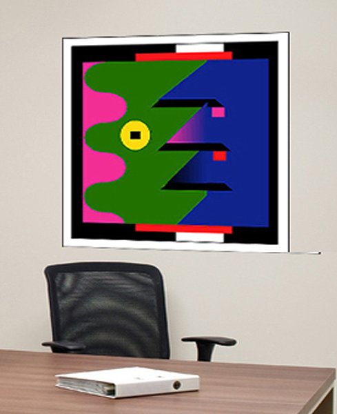 Abstract painting '014A Abstract': hard-edged geometric composition of green, blue, pink and red shapes divided by a black-and-white striped border, with a yellow diamond centre.