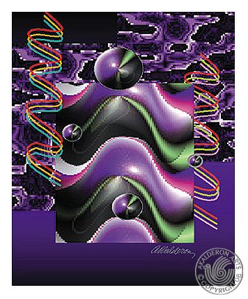 Digital abstract '04 3Deams': undulating purple, green and black wave forms with glossy spheres, framed by colourful electric-looking cords on a purple background.