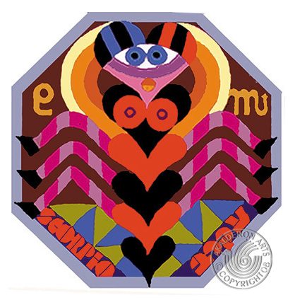 Print '04 ZodiaScorpio': octagonal design of a stylised face with wide cartoon eyes above rows of red hearts and chevrons on a brown ground, bordered by triangles.