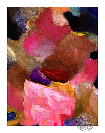 Abstract painting 'Abstract 8': loose overlapping patches of pink, maroon, gold and dark purple in a soft collage-like arrangement.