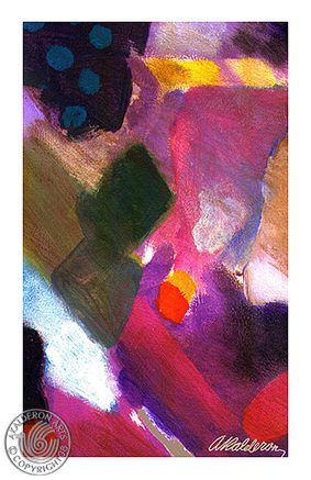 Abstract painting 'Abstract A': dark toned brushwork with navy polka dots, deep green, magenta and orange patches against a purple ground.