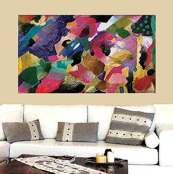 Abstract painting 'Abstract': dense brushy composition of purple, teal, pink, gold and black patches, shown as a large canvas above a white sofa with striped cushions.