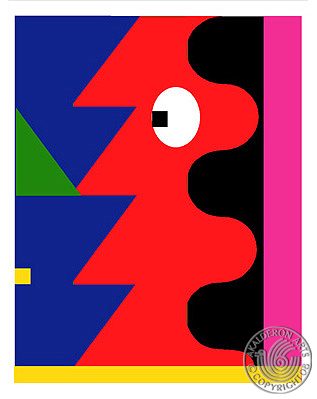 Abstract painting 'Abstract': flat graphic shapes of red, black, blue and pink forming a stylised face-like pattern with a large white eye.