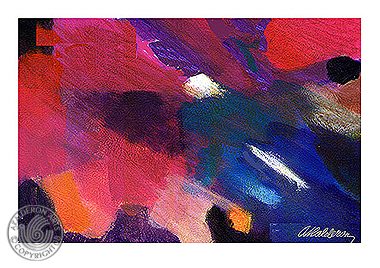 Abstract painting 'Abstract B': swirling brushstrokes of red, purple, teal and blue with streaks of white, shown as a framed canvas above a couch.