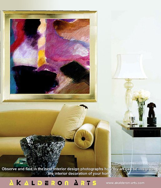 Abstract painting 'Abstract C': loose brushwork of purple, brown, pink and cream tones with dark angular shapes in the lower corners.