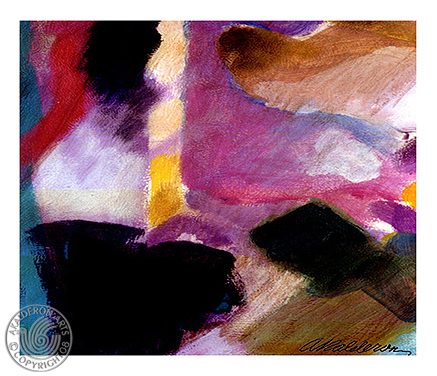 Abstract painting 'Abstract C': textured pointillist-style blend of red, gold, blue and green patches forming rounded hand-like and floral shapes.