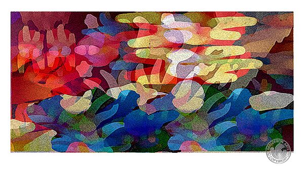 Abstract painting 'Abstract Color SPONG': swirling ribbon-like bands of purple, cream, pink and dark green forming a spiralling vortex pattern.