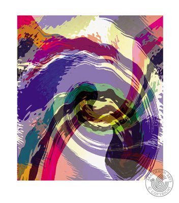 Abstract painting 'Abstract F': overlapping translucent colour fields of blue, cream, red and rust forming an angular flame-like shape.