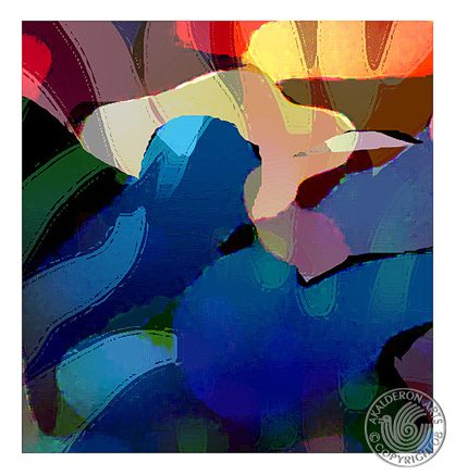 Abstract painting 'Abstract in Blues': deep blue swirling shapes with dark and pale accents, shown as a large canvas in a warm yellow room.