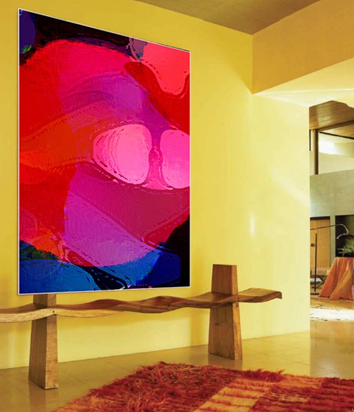 Abstract painting 'Abstract in Pink and Red': bold rounded forms in magenta, pink, blue and black, displayed on a long wooden bench in a hallway.