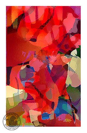 Abstract painting 'Abstract in Reds and Blues': layered rounded shapes in deep red, magenta, green and blue with a stained-glass-like effect.