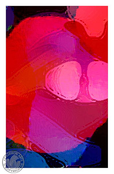 Abstract painting 'Abstract Pink, Violet and B 1': rounded overlapping forms in deep red, pink and violet with dark accents at the edges.