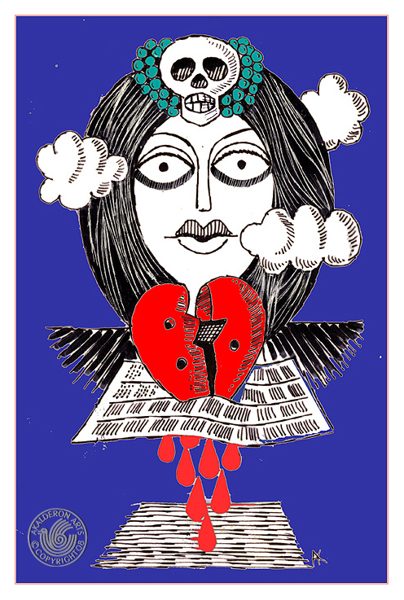 Drawing 'Agata C -1': a woman's face with long dark hair and a skull ornament, clouds framing her head, above a torn red heart and bleeding drops on a blue background.