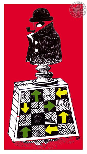 Illustration 'Agata Cristi': a shadowy detective figure in hat and coat with a pipe, standing on a checkered pedestal with directional arrows, on a red background.