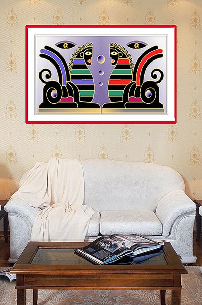 Print 'Ancient Couple': two symmetrical stylised faces with striped headdresses and swirling patterns in purple, black, red and green, framed in red.