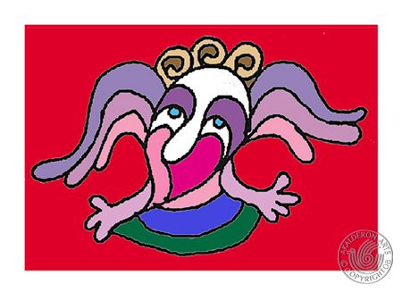 Illustration 'Angel Clown': a whimsical winged clown face with curled hair, pink and purple wings and a heart-shaped mouth on a bright red background.