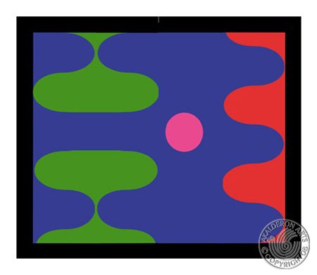 Graphic panel 'Autumn': flat geometric composition of blue wavy shapes on the left and a red curved wedge on the right, black border.