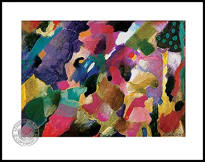 Abstract painting 'Big Abstract': large multicoloured brushwork panel of purple, teal, pink, gold and black patches with a dotted green shape in the corner.