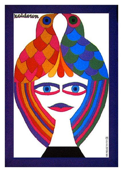 Illustration 'Birds Girl': a woman's face crowned by two symmetrical bird forms with red, orange and blue feathers framing colourful cascading hair.