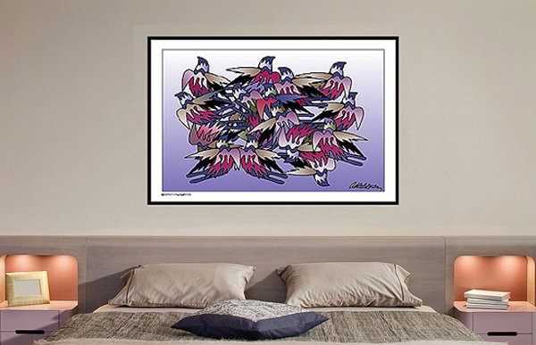 Print 'Birds Storm': overlapping stylised birds in pink, purple and cream tones swirling together, shown framed above a bed.