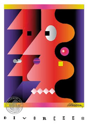Illustration 'Divorcees': an angular red and orange face split by a jagged black shape against a purple ground, with the word 'DIVORCEES' beneath.
