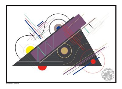Abstract painting 'Geo Metrica': a large dark triangle overlaid with fine coloured lines, circles and a diagonal purple stripe on a white background.