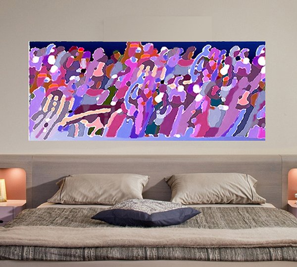 Abstract painting 'Going Nowhere' canvas: rows of loosely painted upright figures in pink, purple, red and cream, shown above a bed.
