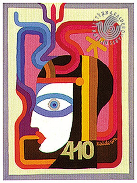 Illustration 'Head': a profile face in black, pink and blue with a large eye and the number 410, surrounded by looping ribbon shapes.