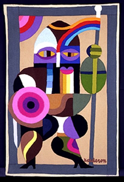 Tapestry 'Homage': a cubist-style figure with a rainbow arc, holding a spear and a pink target shape, in brown, blue and pink tones.
