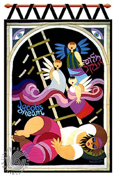 Tapestry 'Jacob's Dream': a sleeping figure at the base of a ladder with winged angels ascending against a black night sky.