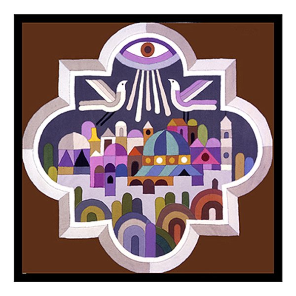 Print 'Jerusalem': a flower-shaped medallion framing a colourful stylised old city view with domes, an eye and two birds above, on brown.