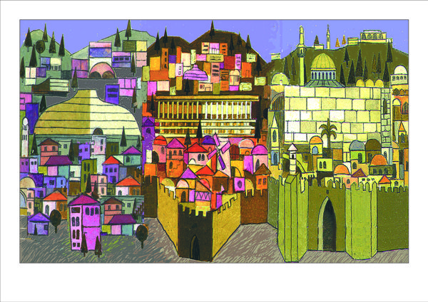 Illustration 'Jerusalem's Overview': a wide stylised panorama of the old city in pink, yellow and green blocks with domes and towers.