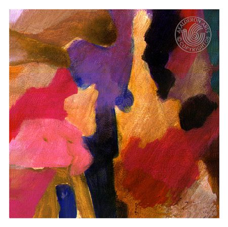 Abstract painting 'Kalderon Abstraact 60x60 cm': loose brushed patches of pink, purple, gold and dark maroon in a warm palette.