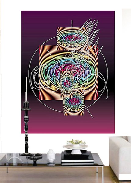 Digital art 'Labyrinth 2001 for special places': intricate looping wire-frame circles over a warm bronze textured column, shown above a candlestick.