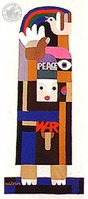 Illustration 'Man's Peace and War': a stylised standing figure divided into blocky sections labelled PEACE and WAR, topped by a hand releasing a dove and rainbow.
