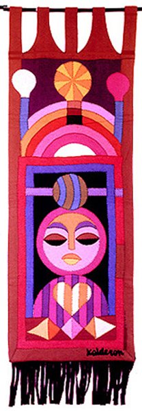 Tapestry 'Man with Himself': a woman's face with closed eyes framed by an arched red hanging, striped patterns below in maroon and pink.