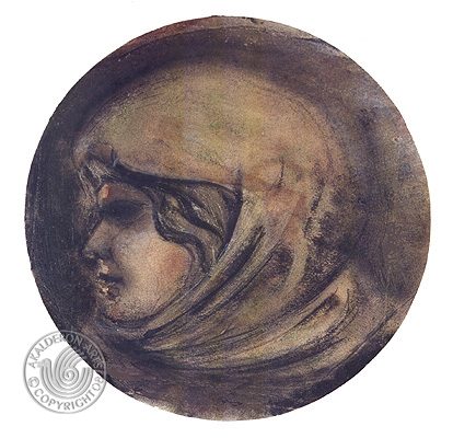 Painting 'Melancholy': a muted sepia-toned circular portrait of a hooded woman in profile against a soft brown background.