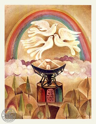 Painting 'Message in the Sky': three white doves flying beneath a rainbow above a satellite dish and rolling hills in warm earth tones.