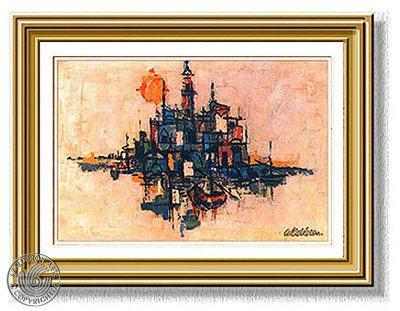 Painting 'Mistery Iland': a floating cluster of small buildings and towers rendered in blue and orange, reflected on a hazy pink horizon.
