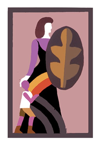 Illustration 'Mother and Child': a flat silhouette of a woman holding a child's hand, with a large stylised leaf shape overlaying her body, on mauve.
