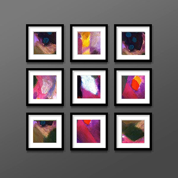 Series 'Nine Small Abstract': a grid of nine small framed abstract paintings in varied colour patches of purple, pink, orange and green on a grey wall.