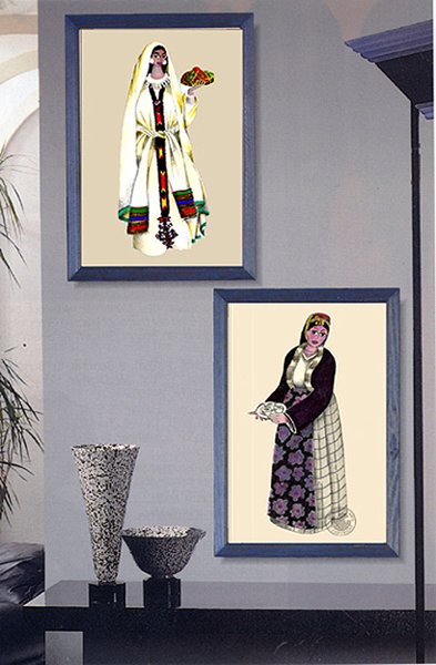 Illustrations 'Oriental Women': two framed portraits of women in traditional embroidered dress, one in white holding a bird, the other seated in dark robes.