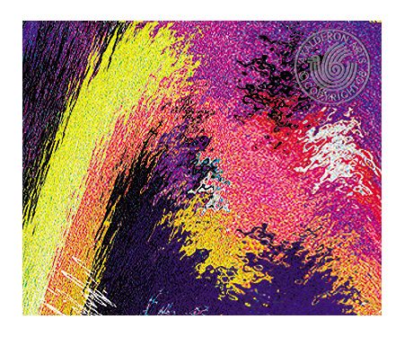 Abstract painting 'Polar Storm 2': diagonal streaks of yellow, orange and magenta cutting across a dark purple textured background.