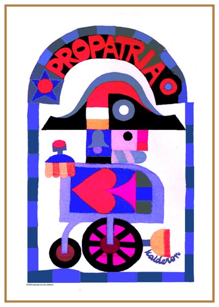 Illustration 'Propatria': a soldier figure in a hat riding a small wheeled cart decorated with hearts, in blue, pink and red.