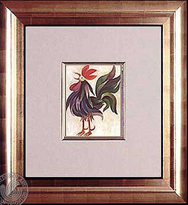 Painting 'Morning Messanger': a naturalistic rooster with dark green and purple tail feathers and a red comb, in a gold frame.