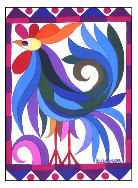 Painting 'Rooster': a stylised rooster with blue, purple and green plumage and an orange-red crest, bordered by a diamond and dot pattern.