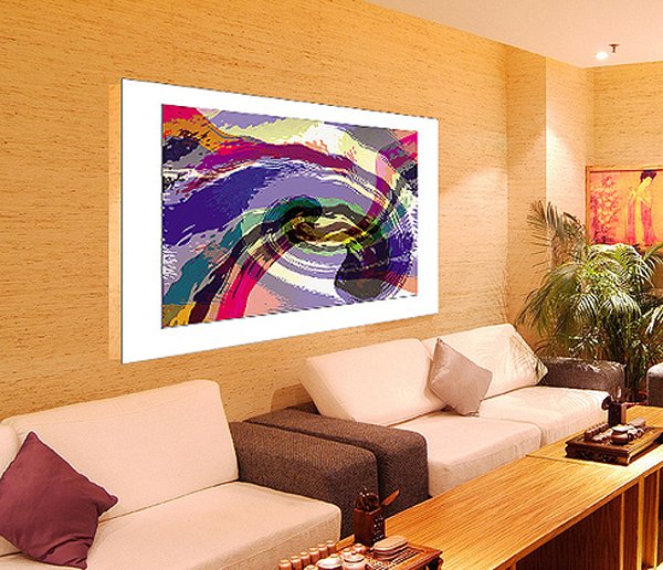 Abstract painting 'Running Water': flowing wave-like bands of purple, magenta, teal and cream swirling together, shown above a sofa.