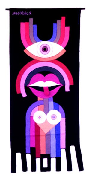 Tapestry 'Say I Love You': a totem-like stack of a large eye, red lips and a heart shape in pink, purple and black on a black hanging.