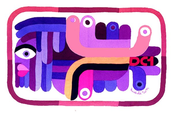 Illustration 'Sea Man': a profile face with a large eye beside overlapping curved shapes suggesting a wave or creature, in purple and pink tones.
